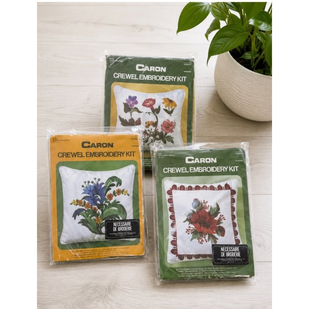 Vintage 70s Caron Crewel Embroidery Pillow Kits Floral Set of 3 Made in USA